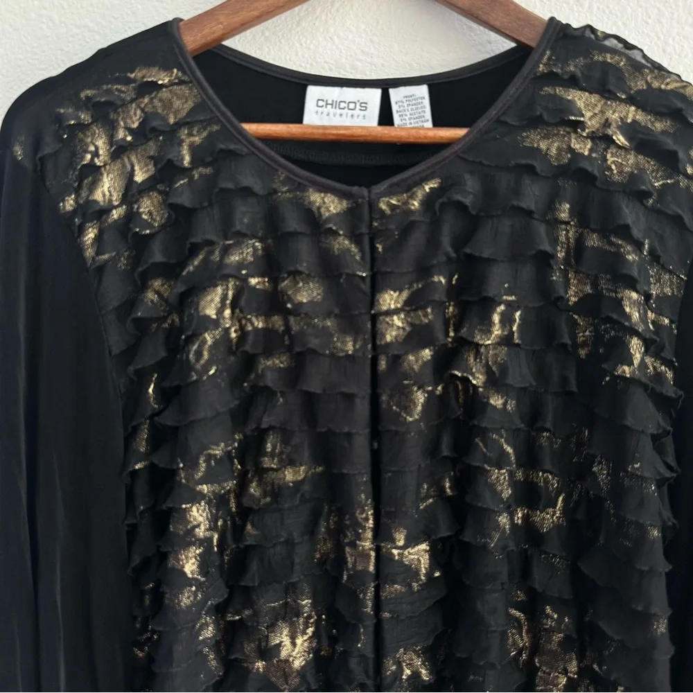 Black Gold Ruffle Chico's Travelers Special Occasion Cardigan - Chico's Size 3